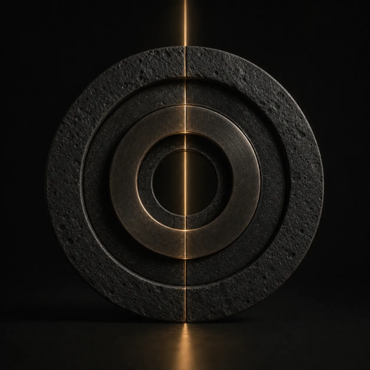 Schwarze und bronzene Ringe werden von einer senkrechten Lichtlinie ausgerichtet