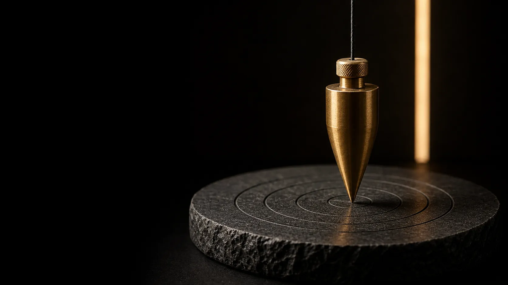 Ein Messlot über konzentrischen Ringen aus schwarzem Basalt